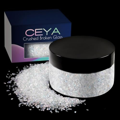 Ceya 5.3oz/ 150g Crushed Irregular Glass Colorful White Crystal Chips Broken Glass Glitter 2-4mm Craft Glitter for Nail Arts Epoxy Resin Mold Coasters Ornament Painting Geode Phone Case Jewelry Making