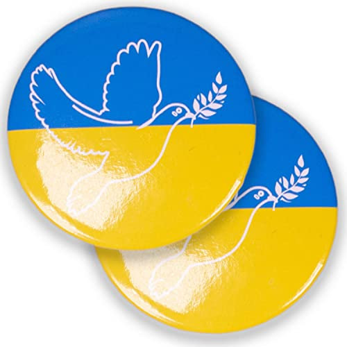 Anstecknadel Buttons mit Friedenstaube auf Ukraine Flagge, 2 Stk, Ø 44 mm Broschengröße, Ukraine Flaggenpin blau gelb, Nadelverschluss Ansteckpin, Ukraine Anstecker, Brosche Ukraine, Ukraine Fahne Pin