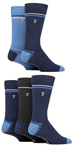 Farah Herren Plain, Streifend und Gemustert Jeden Tag Bambus Socken Packung 5 Contrast Ferse & Zehe Marine/Blau 39-45