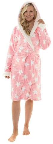 Womens Ladies Dressing Gown Star Printed Fleece Super Soft Plush Hooded Robe (Pink, 12-14)