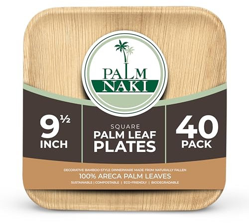 PALM NAKI Assiettes carrées en feuille de palmier | Vaisselle compostable et écologique en bambou pour événements, fêtes et restauration | Assiettes jetables robustes de 24,1 cm