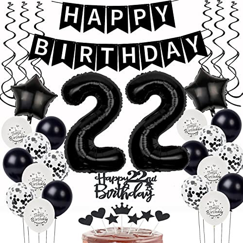 Schwarz Weiß Luftballons 22. Geburtstag Dekoration,Geburtstagsdeko 22 Jahre mann frauen Tortendeko 22 Geburtstag Ballons 22. mann Happy Birthday 22 Jahre männer deko 22