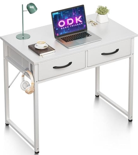 ODK Schreibtisch mit 2 Schubladen, Klein Schreibtisch mit Kopfhörer Halter, Bürotisch PC Tisch Officetisch für Büro, Wohnzimmer, Home Office (Weiß, 80x40x78.7cm)