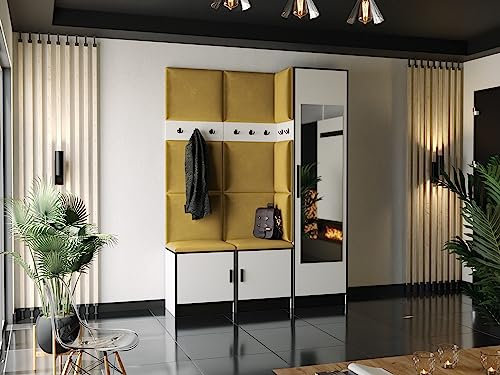 KIER FURNITURE Garderobe mit Sitzfläche Roj20 - Gepolstertes Paneel an Seite des Schrankes - Kleiderschrank aus Laminierter Spanplatte - Höhe 205 cm - 159,6x205x39 cm Weiß + Stoff Gelb