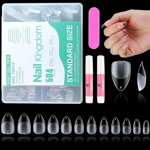 MAGIC ARMOR Short Almond Fake Nail Tips - 504pcs Full Cover Soft Gel Press on Nails, Pre-shape Acrylic False Nails for Nail Art Extension - 10 Sizes