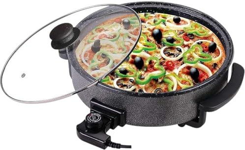Royal Swiss® Poêle Électrique Multifonction 42 cm – 1500 W | Pizza, Paella, Grill, Crêpes | Antiadhésif | Couvercle Verre | Température Réglable | Nettoyage Facile. (Noir, 42cm)