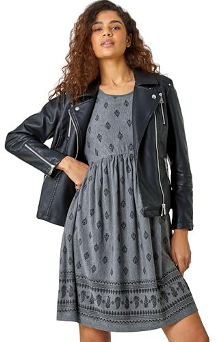 Roman Stretch Dress with Pockets for Women UK - Ladies Jersey Gathered Waist Spring Summer Knee Length Smart Casual Work Cocktail Party Going Out Fit & Flare Dinner - Grey - Size 18