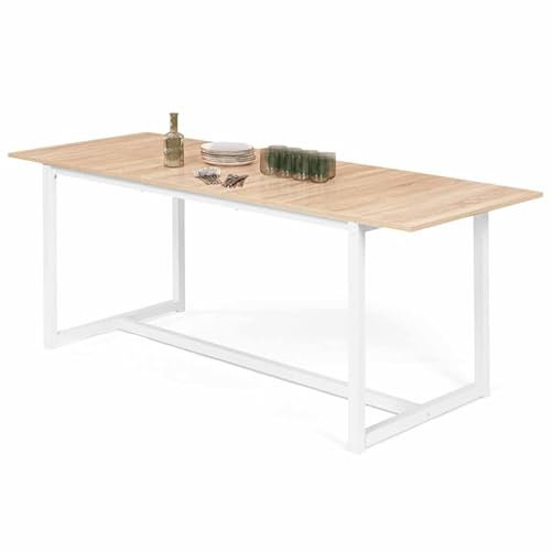 IDMarket - Esstisch, ausziehbar, rechteckig, Detroit für 6-10 Personen, industrielles Design, Holz und Metall, Weiß, 160-200 cm