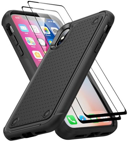 Jeylly for iPhone X Case, iPhone Xs Case with Screen Protector [2 Pack], Shockproof Heavy Duty Hard PC & TPU Bumper Slim Stylish Case Cover for iPhone X/Xs, Black