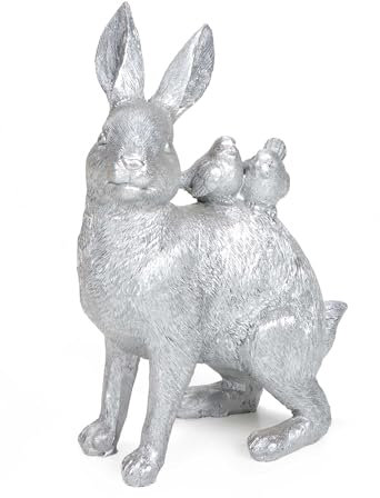 Bubble Store Osterhase mit 2 Vögelchen auf dem Rücken, Hase Dekofigur aus Polyresin, Osterdeko für Indoor und Outdoor geeignet (Silber)