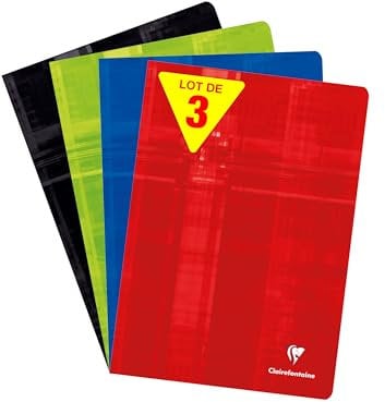Clairefontaine 63160AMZC Un lot de 3 Cahiers Agrafés - A4 21x29,7 cm - 96 Pages Grands Carreaux - Papier Blanc 90 g - Couverture Carte Pelliculée - Couleurs Assorties Aléatoires