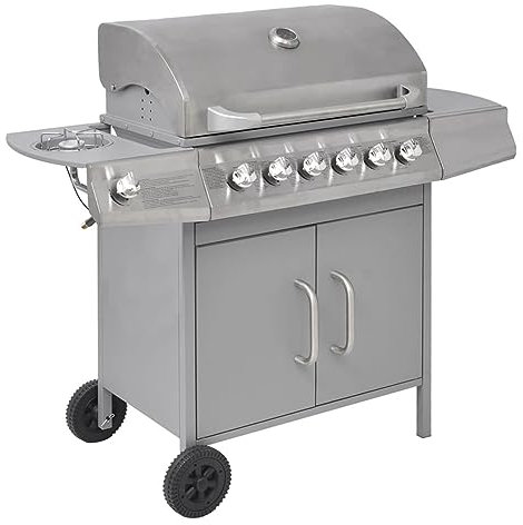 Homgoday Barbecue e Griglia a Gas 6+1 Fornelli Argento, Griglia Riscaldante con Armadietto, Carrello per Barbecue, Fuochi Multifunzione per Cucina All'aperto