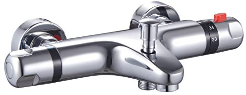 KINGBATH™ Round Thermostatic Exposed Bath Shower Mixer Tap Faucet with Shower Kit for Bathrooms Chromed Deck Mounted with G1/2 Bottom Outlet 38°C Safety Lock Anti Scald Solid Brass Modern Easy to Ins