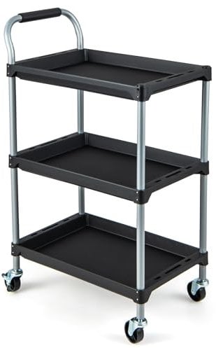 COSTWAY 3-Tier Rolling Tool Trolley, Metal Service Cart with Multiple Divider, Lockable Wheels & Sponged Handle, Heavy Duty DIY Storage Trolley for Workshop Garage (No Multiple Divider, 64x40x102cm)