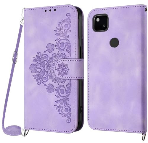 Netany Handykette Hülle für Google Pixel 4A, Handyhülle für Google 4A Hülle mit Kette Klappbar, PU Leder Necklace Klapphülle und Umhängeband Lanyard Flip Stoßfest Schutzhülle mit Band (Lila)