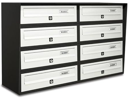 ALUBOX Briefkastenanlage 8 Fächer Slim 50x77,5x30 cm aus Verzinktem Blech und Aluminium Außenbriefkasten mit Entnahmeschutzsystem und Wasserbeständigkeit (ANTHRAZIT UND Weiss)