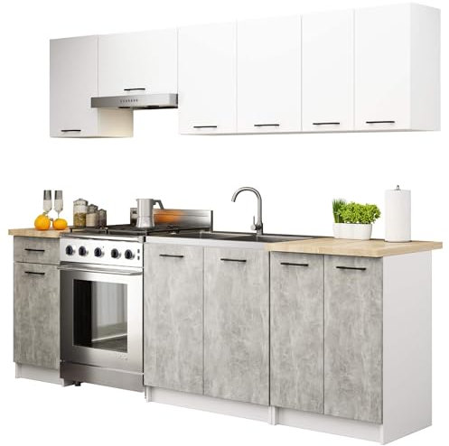 3E 3xE living.com Küchenset: eine Schublade, elf Türen, zwölf Einlegeböden, Farbe: weiß | Beton, A: B: 240 cm, H: 203 cm, T: 46 cm