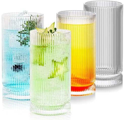 POLIDREAM Drinking Glasses Set of 4 Vintage Whiskey Glasses 16oz Embossed Glass Tumblers Cocktail Glasses Ribbed Water Glasses for Beer Juice Whiskey Cocktail Milk