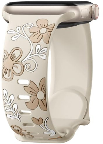 Mastten Floral Strap Compatible with Apple Watch Straps 40mm 41mm 42mm 38mm Women, Cute Flower Engraved Inlay Silicone Sport Band for iWatch SE Series 10 9 8 7 6 5 4 3 2 1, Starlight