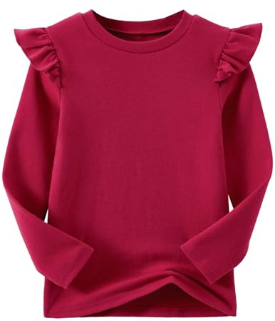 Ugitopi Girls Long-Sleeve Cotton T-Shirt with Ruffled Sleeves – Comfortable Crew-Neck Tee for Everyday Wear (Burgundy, 140)