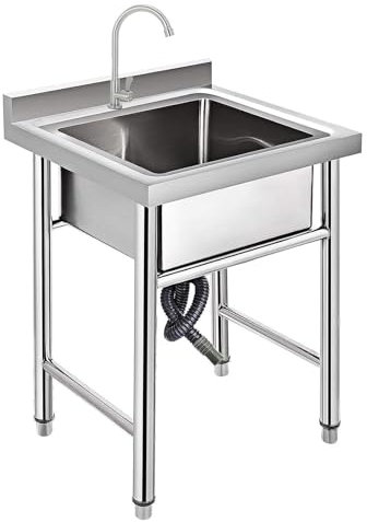 Fregadero comercial de acero inoxidable, de pie, fregadero de una cubeta con grifo de agua fría, fregadero de interior y exterior, para cocina y baño estilo granja (60×60×80CM)