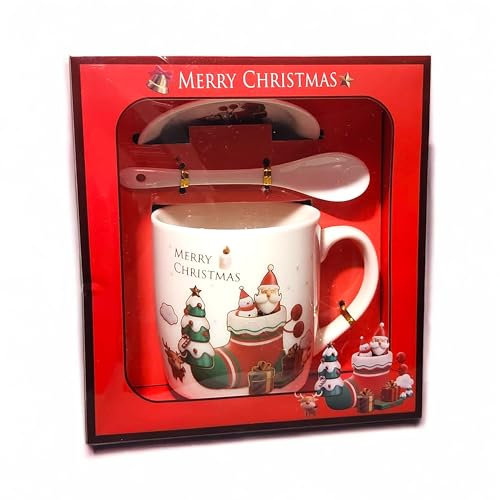 DIVAS SPIRITUAL Christmas Novelty Mug Set with Lid and Spoon, Merry Christmas Design, 3D Ceramic Coffee Cup (HK16981)