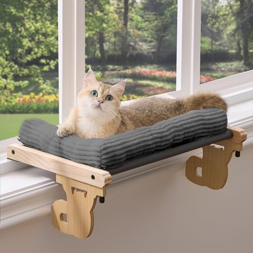 Gardner Pet Cat Window Perch, 2 in 1 Cat Hammock Window Sill Seat with Cushion, Solid Wood & Metal Frame for Large Kittens (Grey)