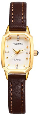 JewelryWe Damenuhr Klein Rechteckige Uhr: Minimalistisch Analog Quarz Armbanduhr Damen Braun Schmal Echtleder Lederarmband Ultradünn Lässige Uhr mit Eckigem Diamantskala Zifferblatt