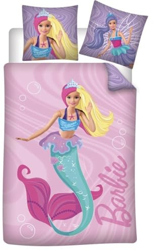 Aymax Barbie Meerjungfrau Bettwäsche 135x200 cm – Kinderbettwäsche aus 100% Baumwolle – Märchenhaftes Design mit Kissenbezug 65x65 cm – hautfreundlich & atmungsaktiv – Barbie Mermaid Dreamworld