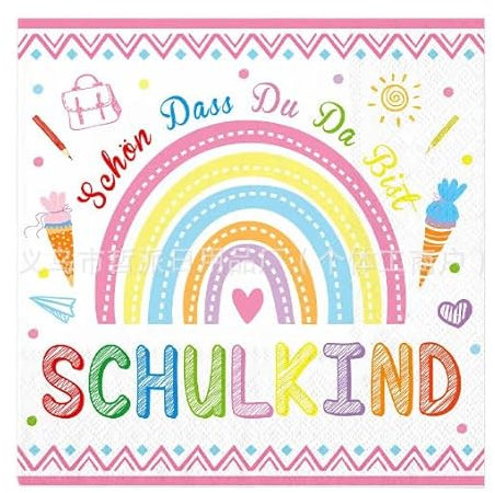 Fesnova 20 Stück Schulkind Servietten mit Regenbogen Design,Servietten Einschulung für schulanfang Party-Deko für Einschulung