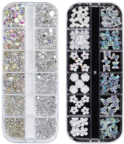 Nail Art Rhinestones,2 Boxes Butterfly Bowknot Bow Flower Nail Charms Rhinestones,Aurora Bear 3D Nails Art Decorations for Manicure Design DIY Crafting Party Daily Wedding