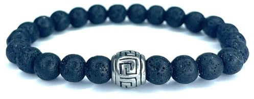 Herren-Armband aus schwarzem Lavastein mit griechischem Schlüssel, griechisches Friesen-Motiv, griechische Inspiration, Energie-Schmuck, eleganter Schmuck, Perlen, 8 mm, Heilstein, Geschenk für Herren