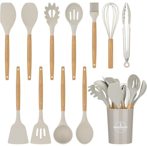 FIOUSY Kitchen Utensil Set, 12 PCS Silicone Cooking Utensils Set with Wooden Handle, Heat Resistant, Nonstick Cookware Tongs Spatula Spoon Set, Dishwasher Safe, Best Kitchen Tools (Khaki)