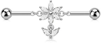 OUFER 14G Flower Industrial Piercingschmuck, 316L Chirurgenstahl Dangle Leaf Industrial Bar Barbell 38 mm, Marquise CZ Knorpel Helix Ohrring, 1,6 mm Körperpiercingschmuck für Frauen