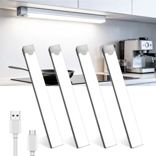 Lamptobe 4 Stück Unterbauleuchte KücheLled Schrankbeleuchtung mit Bewegungsmelder USB-C,2W Wiederaufladbar 20CM 6500K Dimmbar Unterschrank Beleuchtung für Küche Kleiderschrank Schrank