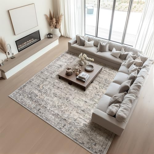 Topfinel Vintage Teppich 200x300cm Grau Boho Kurzflor Teppich Waschbar in Waschmaschine rutschfest Weicher Wohnzimmer Teppiche für Schlafzimmer Esszimmer Büro Groß Carpet Orientalischer