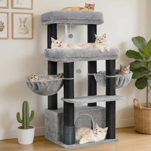 Hey-brother Kratzbaum für große Katzen, mit 8cm Dicke Sisalpfosten, MPJ02W | 130 cm Stabil Katzenbaum für Maine Coons, mit 2 große Plattform, 2 Körben, Grosse Höhle und Fellpflegegerät, Hellgrau