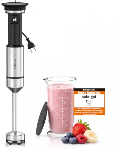 FRESKO Mixeur Plongeant 1000W avec Verre Doseur 700ml, Vitesses Réglables | 4 Lames, Pied Acier Inox avec Protège-Casserole, Mixeur Immersion pour Aliments Bébé, Soupes, Smoothies, Purées