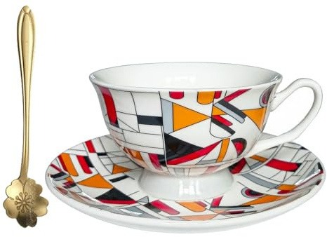 Designer Kaffeetassen Set Mit Untertasse Und Gold Löffel 200ml, Moderne Bunte Geometrische Tasse Für Latte Macchiato Espresso Tee Cappuccino, Bauhaus Stil, Spülmaschinenfest Büro Zuhause