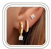 Turandoss 3 Paar 14K Vergoldet Silberne Hängend Ohrringe Set für Damen,Hypoallergenes Wasserfest Ohrstecker für Mehrfachpiercing Goldene Creolen Tragus Piercing Ohrringe Stecker Rook Piercing