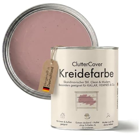 Clutter Cover Möbelfarbe ohne Schleifen 750ml - Kreidelack geeignet zum Streichen beschichteter Möbel, Kreidefarbe für Holz, Melamin, Pressspan, Kunststoff & Fliesen, für ca. 6m² (Altrosa)