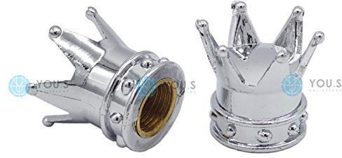 YOU.S Alu Kronen Ventilkappen Silber/Chrom-Optik mit Dichtung Ventil Kappen Abdeckung für Auto PKW LKW Motorrad Fahrrad (2 Stück)