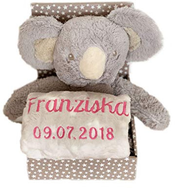 KIDDI-MEDIA Kinder Baby Set mit Name & Geburtsdatum Bestickt (auf der Decke) inkl. Plüsch Stofftier - Geschenk Taufe Geburt/CE-Zertifizierung (Koala/Grau-Beige)