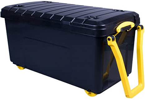 Really Useful Plastic Storage Box 160 Litre Wheeled trunk in Black (Yellow Wheels+Handles)