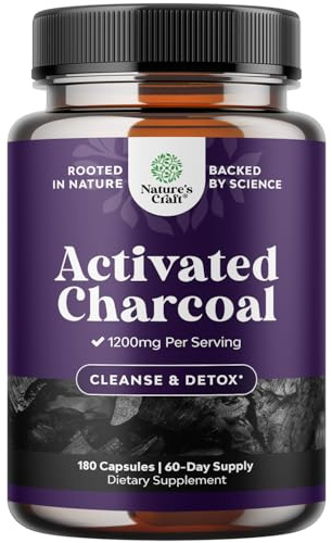 Natures Craft Activated Charcoal Pills Detox & Cleanse - Purifying Coconut Capsules with 1200 mg Per Serving for Bloating Relief - Active Detox Supplement for Body & Gut Health -180 Count