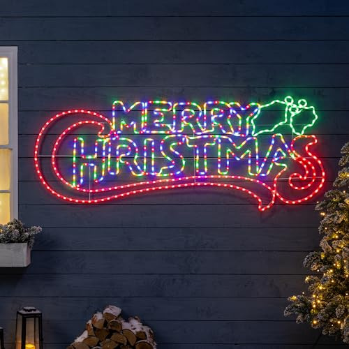 Christow Merry Christmas Light Up Sign, Energy Efficient LED Outdoor Wall Decoration, Flashing Multi Coloured Rope Light Silhouette, Mains Operated (100cm)