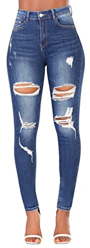 Glook Jeans Donna Vita Alta, Elasticizzati Comodo Tessuto di Cotone, Skinny Gamba Sottile (XXL, Jeans Strappati)