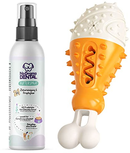 Fellmeister® Zahnpflegeset für Hunde - No Drama Dental® Futterspray gegen Zahnstein, Maulgeruch mit Dental Spielzeug Keule, Kauspielzeug mit Futterfach Zahnpflegesnack