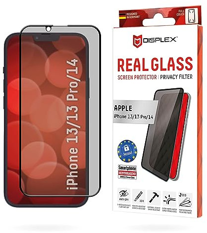 Displex Privacy Full Cover Panzerglas (10H) für Apple iPhone 13/13 Pro/14/16e, Eco-Montagerahmen, Privacy Filter, Tempered Glas, kratzer-resistente Schutzfolie, hüllenfreundlich