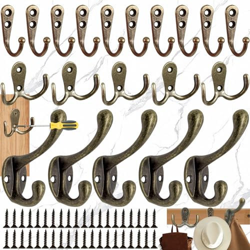 Liekadijiae 20 Stück Garderobenhaken, Kleiderhaken Wand, Kleiderhaken Garderobe, Keiderhaken Vintage, Schwanenhalshaken, Wandhaken, Doppelhaken zum Schrauben Garderobenhaken(mit 40 Schrauben)